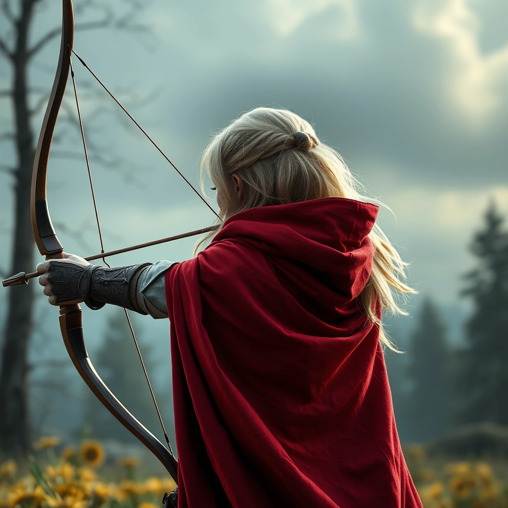 Photorealistic from behind: Blonde fantasy heroine with a red cloak aims with a longbow into the distance. - Image