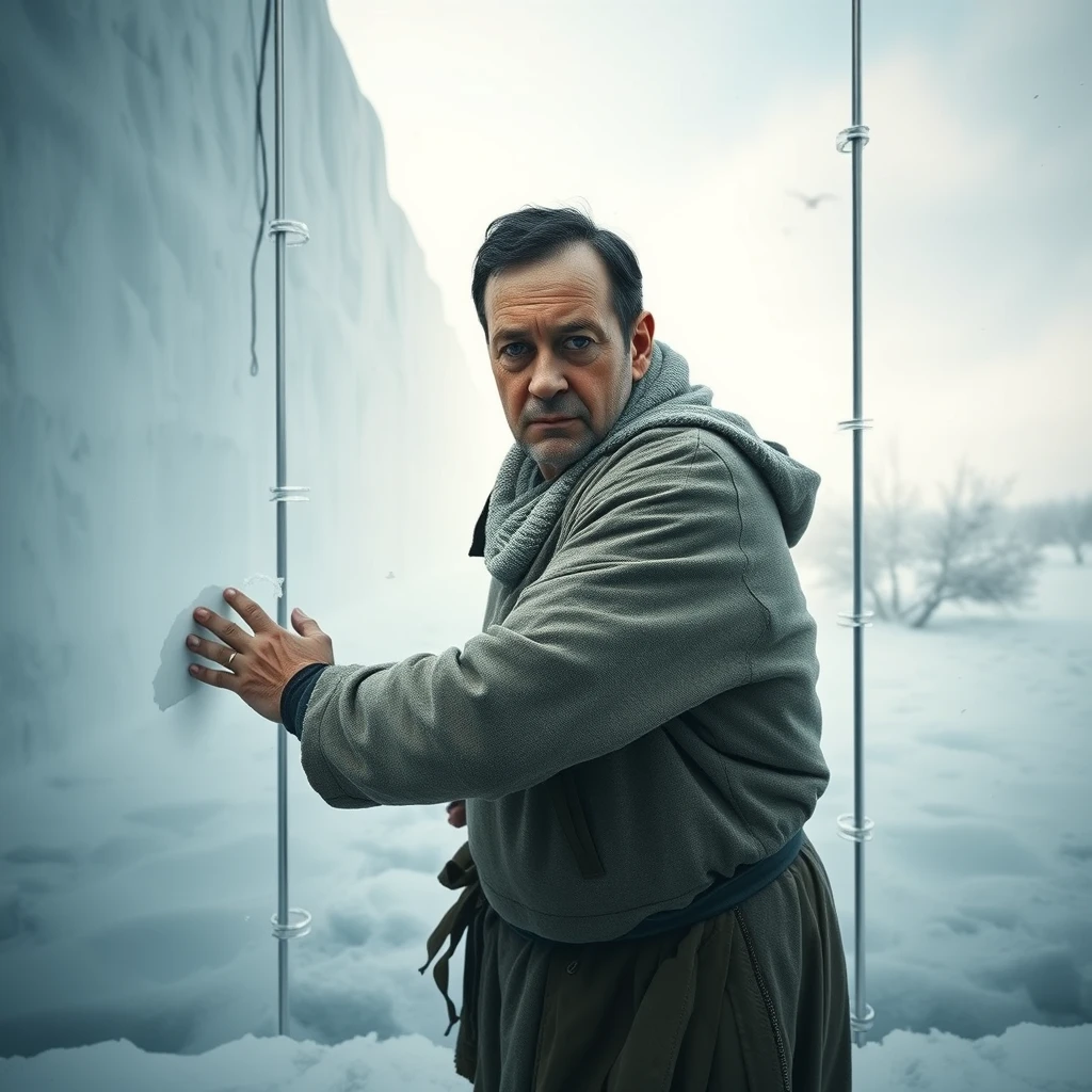 In the icy cold, a middle-aged man dressed in thin clothing, with a haggard face, tired expression, and deep-set eyes, stands before a massive transparent wall. He pounds on the wall with all his might, but to no avail. Behind him is a trail of frequent footprints, and the path ahead is blocked by the wall; beyond it lies a bright world filled with the sounds of birds and the fragrance of flowers.