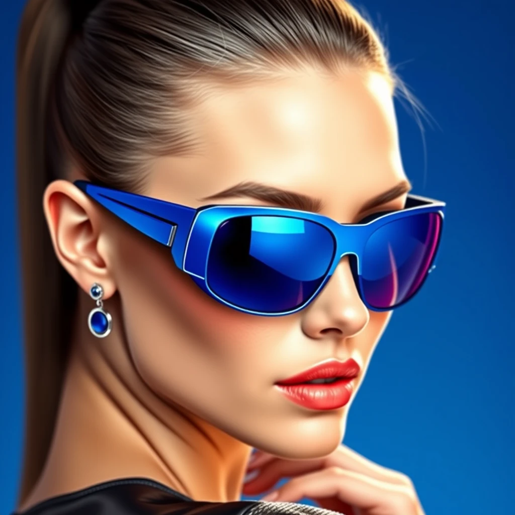 Hyper realistic fashion portrait of beautiful woman wearing blue futuristic sunglasses, metallic design with circle on the lens, background is royal blue gradient, hair in low bun, sleek and straight back style, sleek shiny black leather outfit, sleek modern earrings, sleek high ponytail hairstyle, high resolution photography, hyper-realistic.