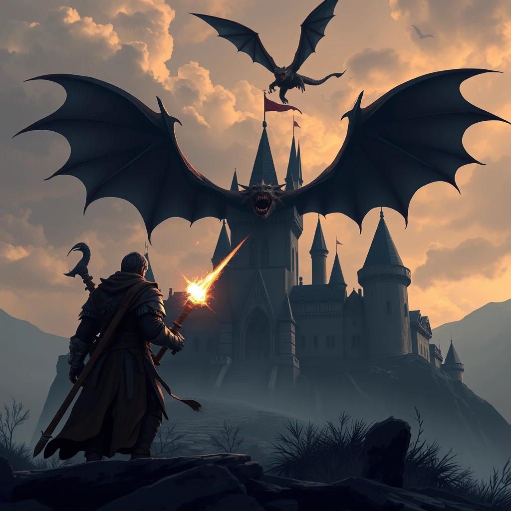 Dark fantasy animation. A warrior approaches a castle; dragons fly above, and he shoots one.