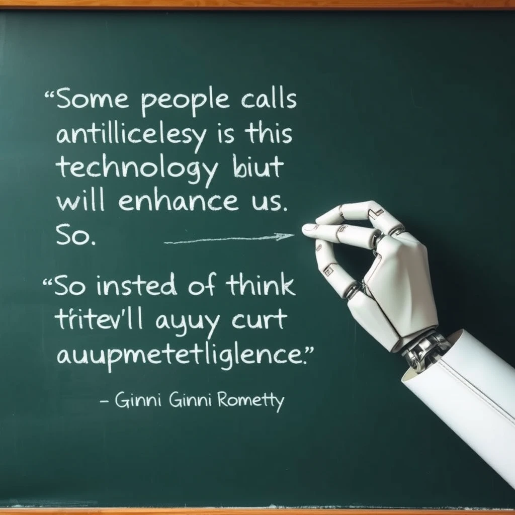 A robotic hand holding a piece of chalk writing with that piece of chalk on a chalkboard with writing on it that says “Some people call this artificial intelligence, but the reality is this technology will enhance us. So instead of artificial intelligence, I think we’ll augment our intelligence.” —Ginni Rometty, on a classroom style chalkboard. - Image