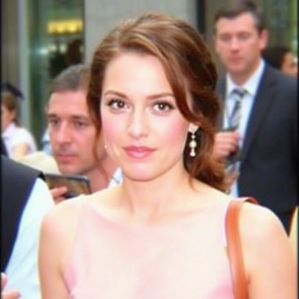 iPhone photo: A woman wearing a dress in public. She's blushing. The image quality is grainy, with a slight blur softening the details.