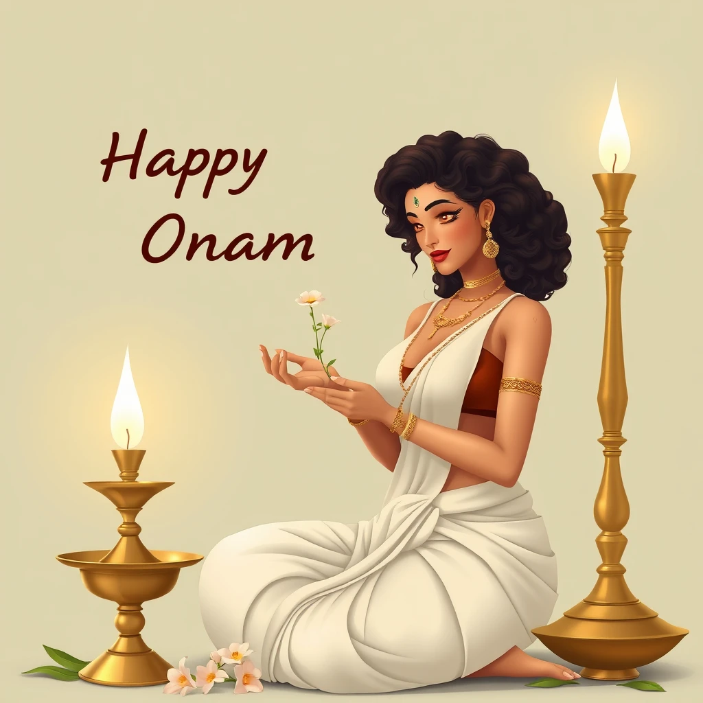 A voluptuous, tanned robot lady, with curly hair in minimalistic Keralite attire and a bindi, wishing Onam with delicate flowers and sitting next to a traditional, tall brass lamp with wick and oil, from Kerala. - Image