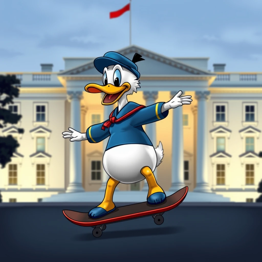 Photo realistic: Donald Duck on a skateboard in front of the White House.