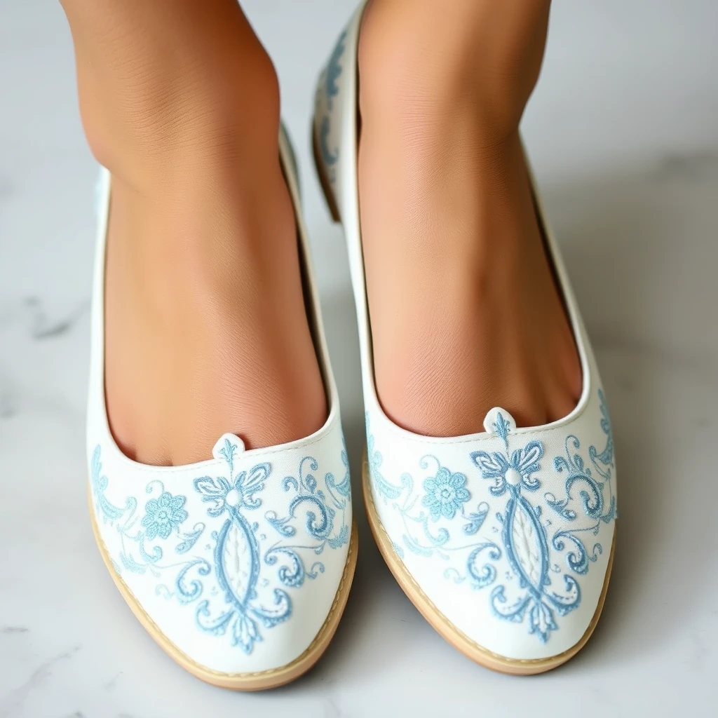 white flat pumps embroidered with detailed light blue pattern, - Image