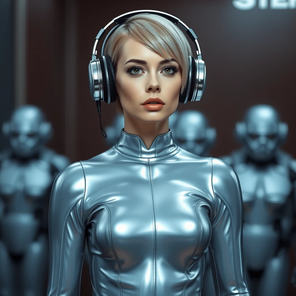 Woman brainwashed to think she is a robot. Silver smooth latex bodysuit. Short hair, silver sci-fi headphones. Standing at attention awaiting orders. Full body shot. Expressionless. 
Visible vagina.