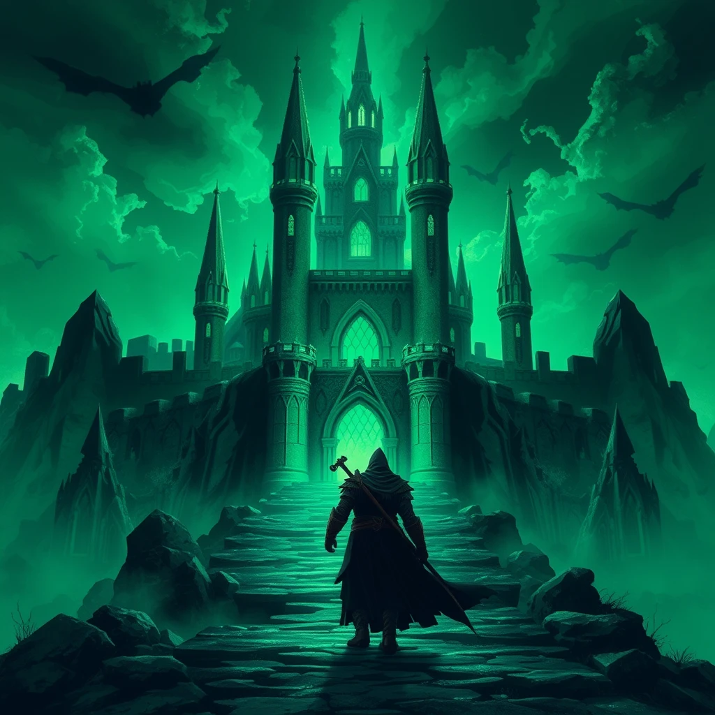 Dark fantasy animation. A warrior approaches a castle made of emeralds.