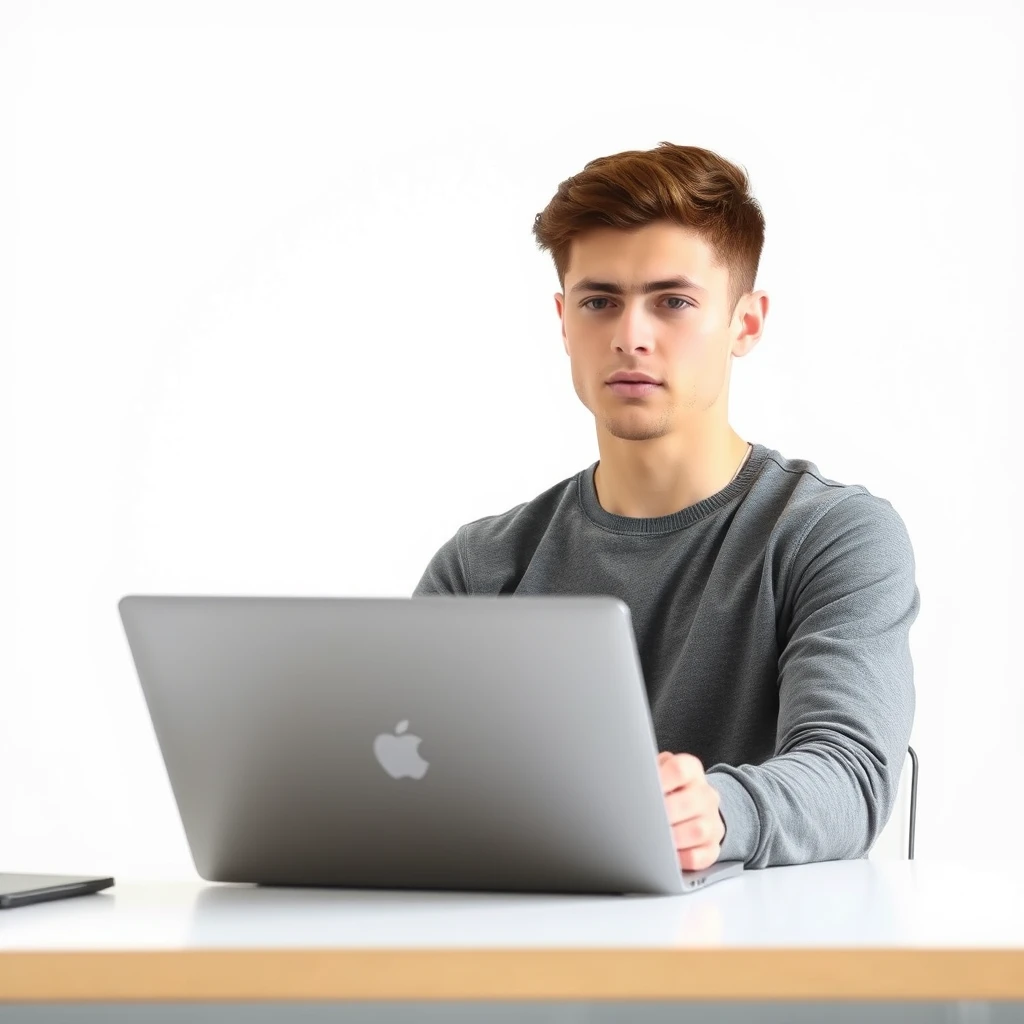 The scene shows a man sitting at a desk, holding a laptop. The background is white, highlighting the boy’s focused expression and the details of the laptop, with a modern and clean style.