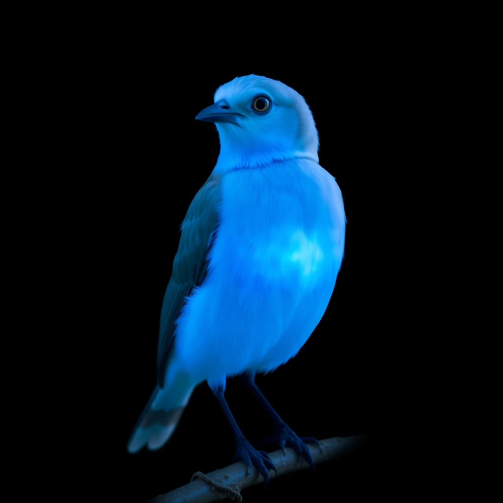 A light blue bird with a glowing body, against a black background, standing on a branch.