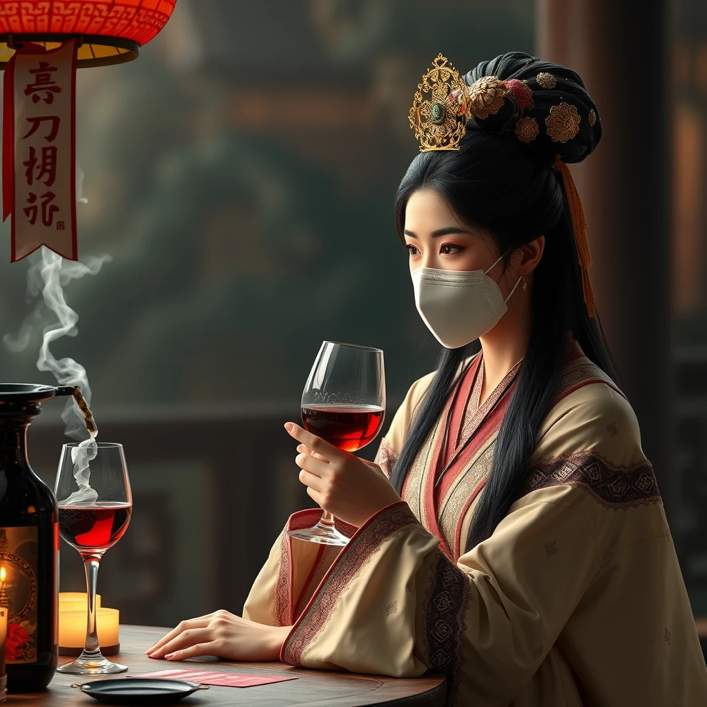 A beautiful woman drinks wine with Qin Shi Huang while wearing a mask.