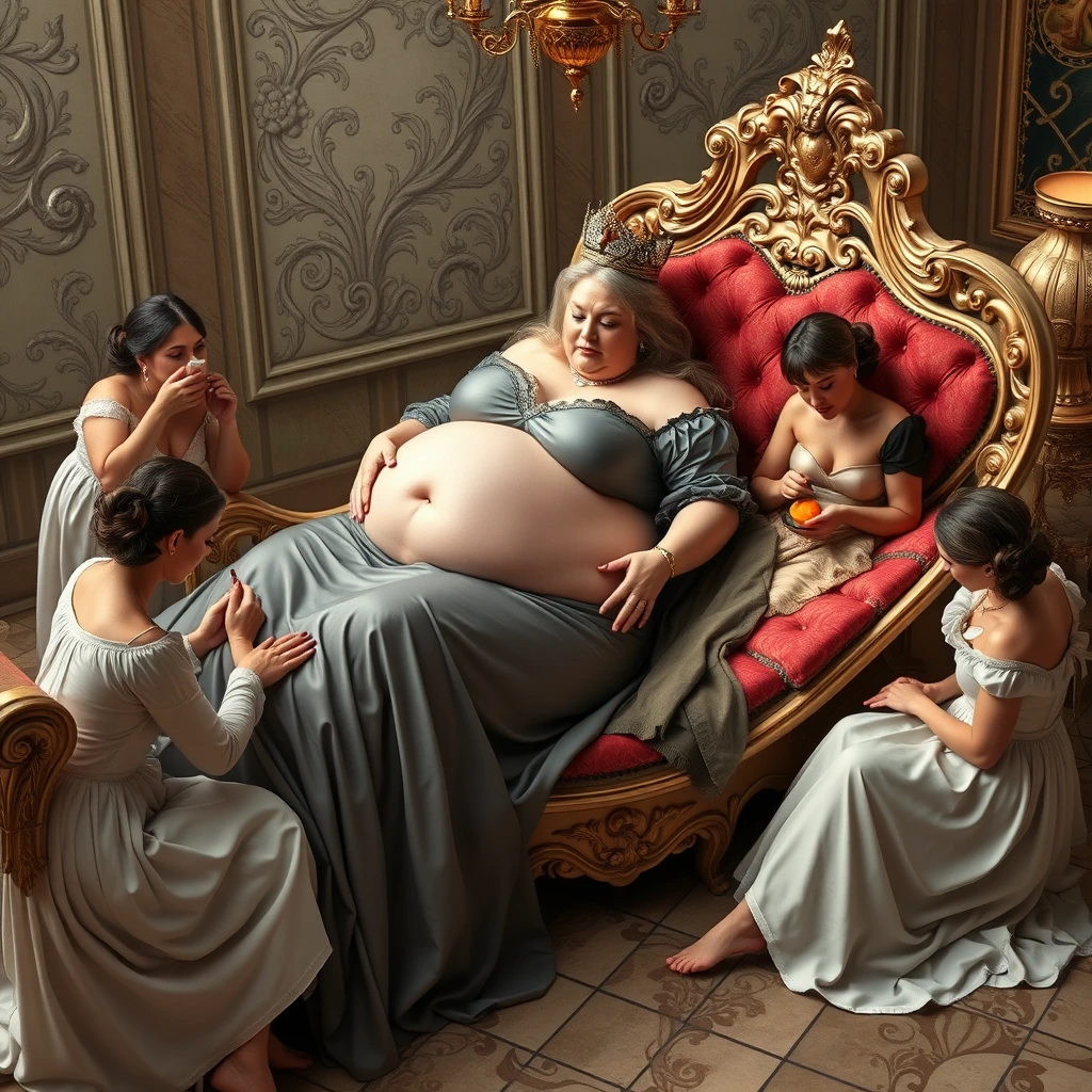 The voluptuous and beautiful queen lies on a luxurious and exquisite chaise lounge, with some maidservants massaging her big belly, some feeding her fruit, some doing her nails, and some giving her foot massages. - Image