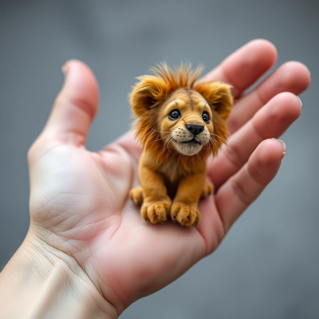 A very small tiny cute lion on four in a hand