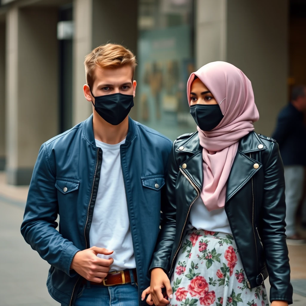 Jamie Dornan's face, hair, and body shot, handsome, young, shaved, white T-shirt, blue jacket, jeans, dating love with the biggest soft pink hijab, black leather jacket, black face mask, biggest floral skirt, hyper-realistic, street photography.