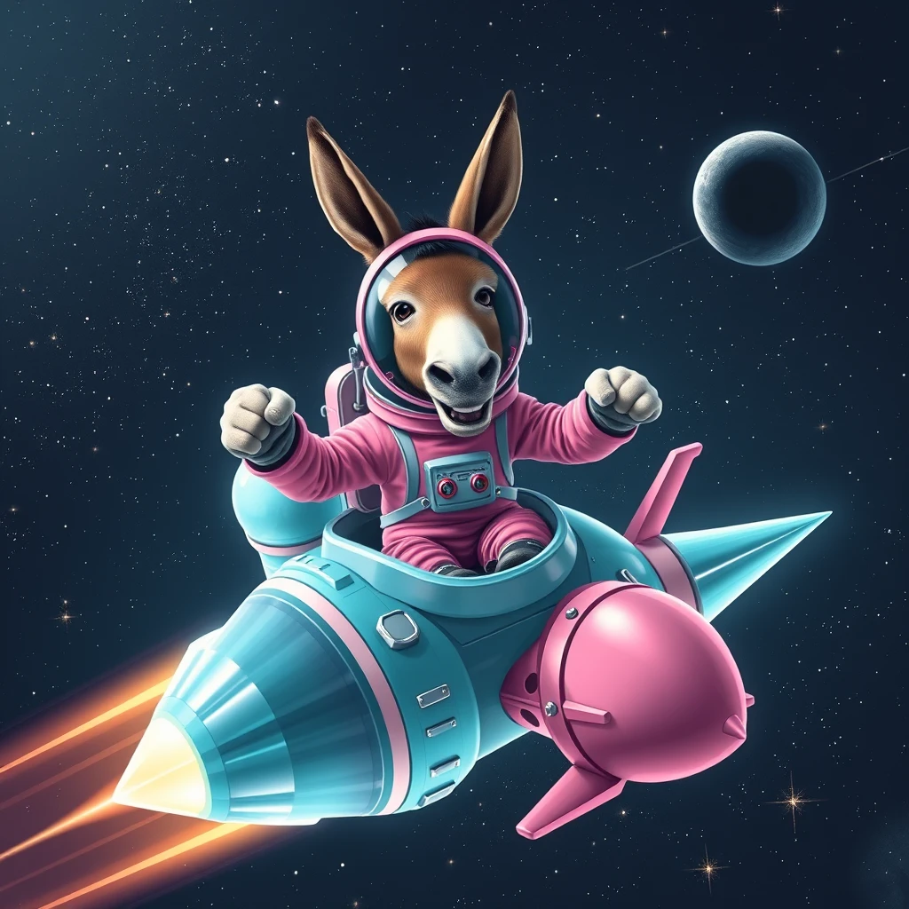 An ambitious donkey wearing pink astronaut costume, riding on a crystal light cyan stunning spaceship, making a punching gesture, flying to the outerspace under a clear night sky with lots of shining stars, passing by a huge black-hole. Realistic style.