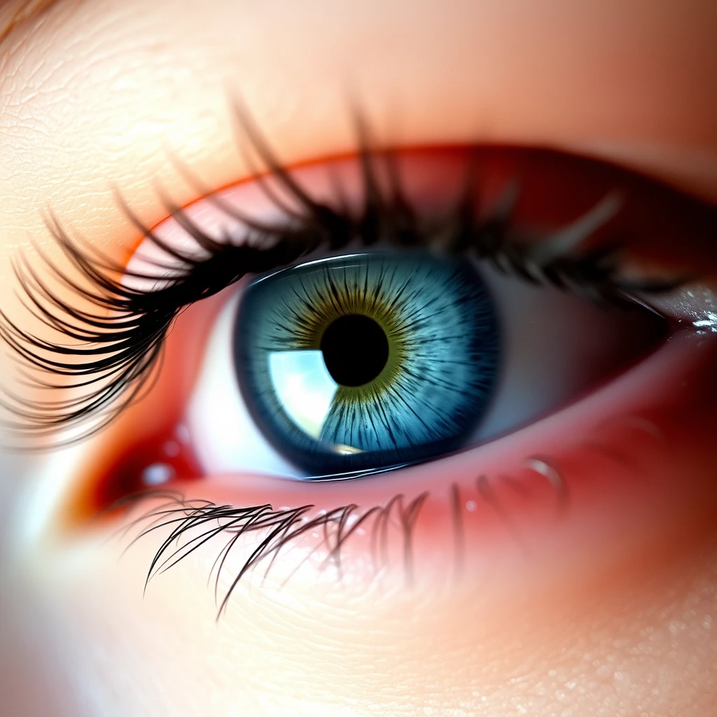 Close-up of an eye with blue color, intricate detail.