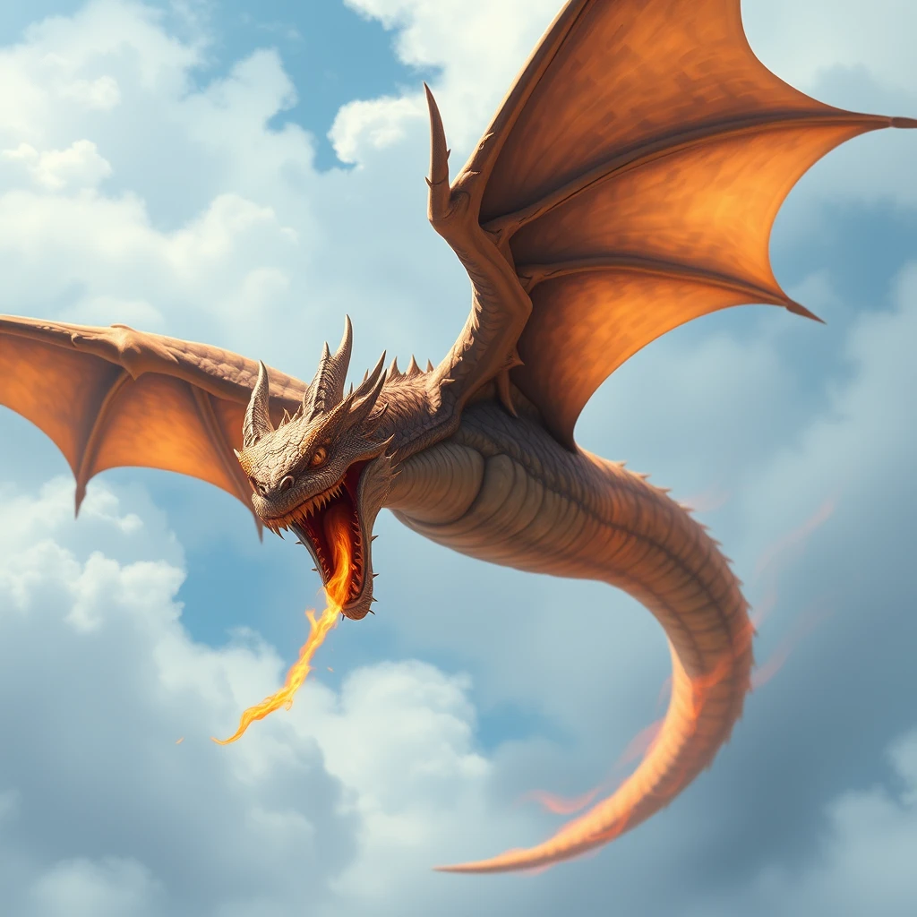 A dragon flies in the sky, its mouth breathes fire, and its eyes are fierce.