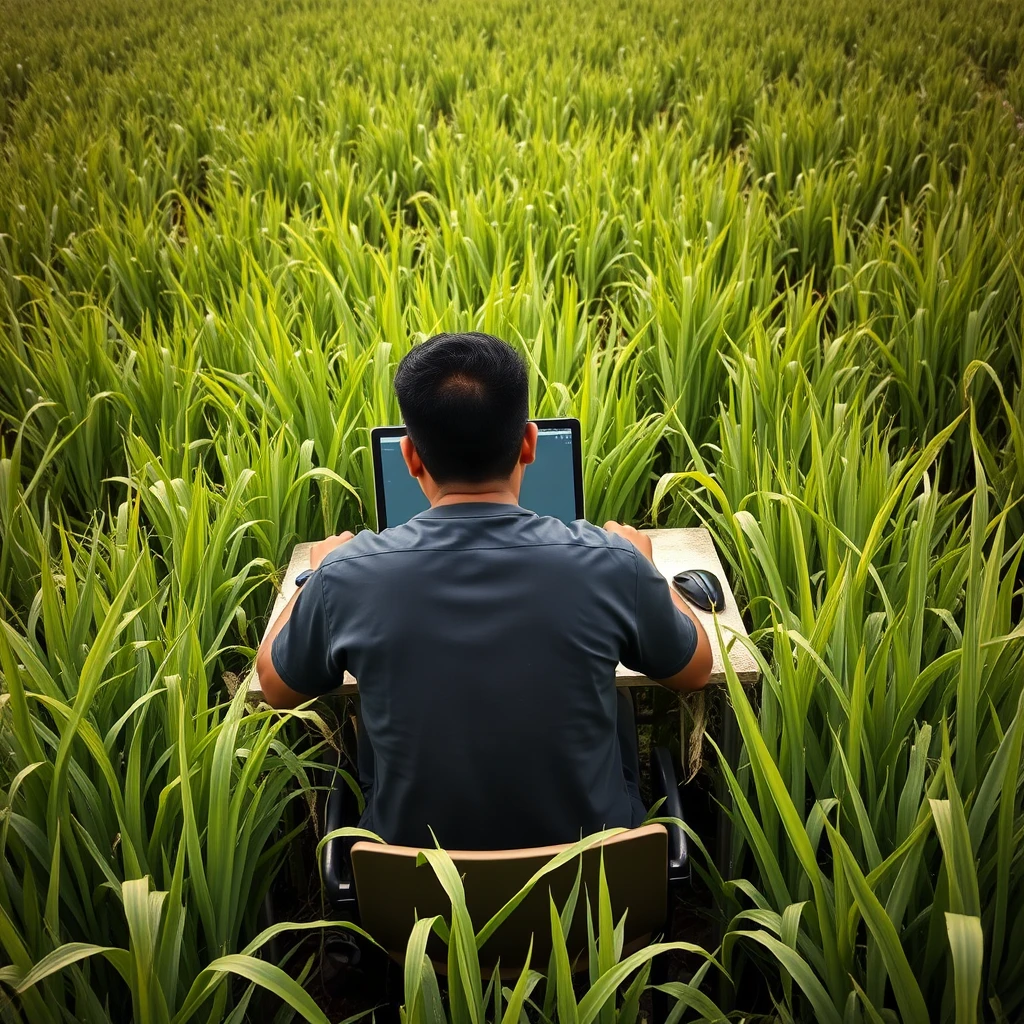 "A IT person is coding in the middle of a dense rice field at a table, where the rice plants are even climbing onto the IT person's table, seen in close-up from behind. Even so, the IT person's handsome face is actually visible, but it is still viewed from the back; he is Indonesian." - Image