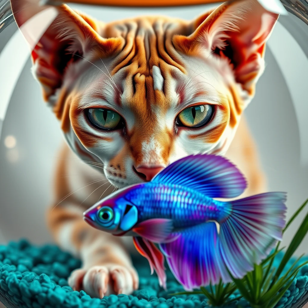 A high-quality smooth oil painting of a close-up interaction between an ultra-realistic hairless tri-colored (orange, white, grey) wrinkly green-eyed calico-colored Sphynx cat and a bright slightly iridescent blue-purple-ombre betta fish. The view shows the cat’s face through the fishbowl, centered, with the cat filling most of the background, eyes focused intently on the fish. The fish is in the foreground, inside a rounded fishbowl with teal aquarium gravel and green water plants. The lighting is gentle and natural, enhancing the serene moment between the two animals. Focus on the cat’s wrinkles, eyes, and the fish’s colorful detailed scales, with glossy metallic gel pen effects for highlights and fine ink for intricate details. Render the image with high resolution and sampling rate, with noise reduction, sharpening, and color grading for a smooth oil painting finish. - Image