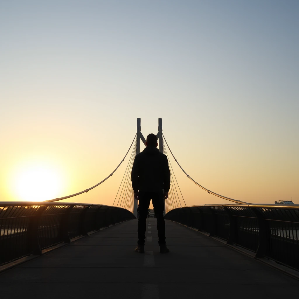 Standing alone on the bridge, watching the sunset