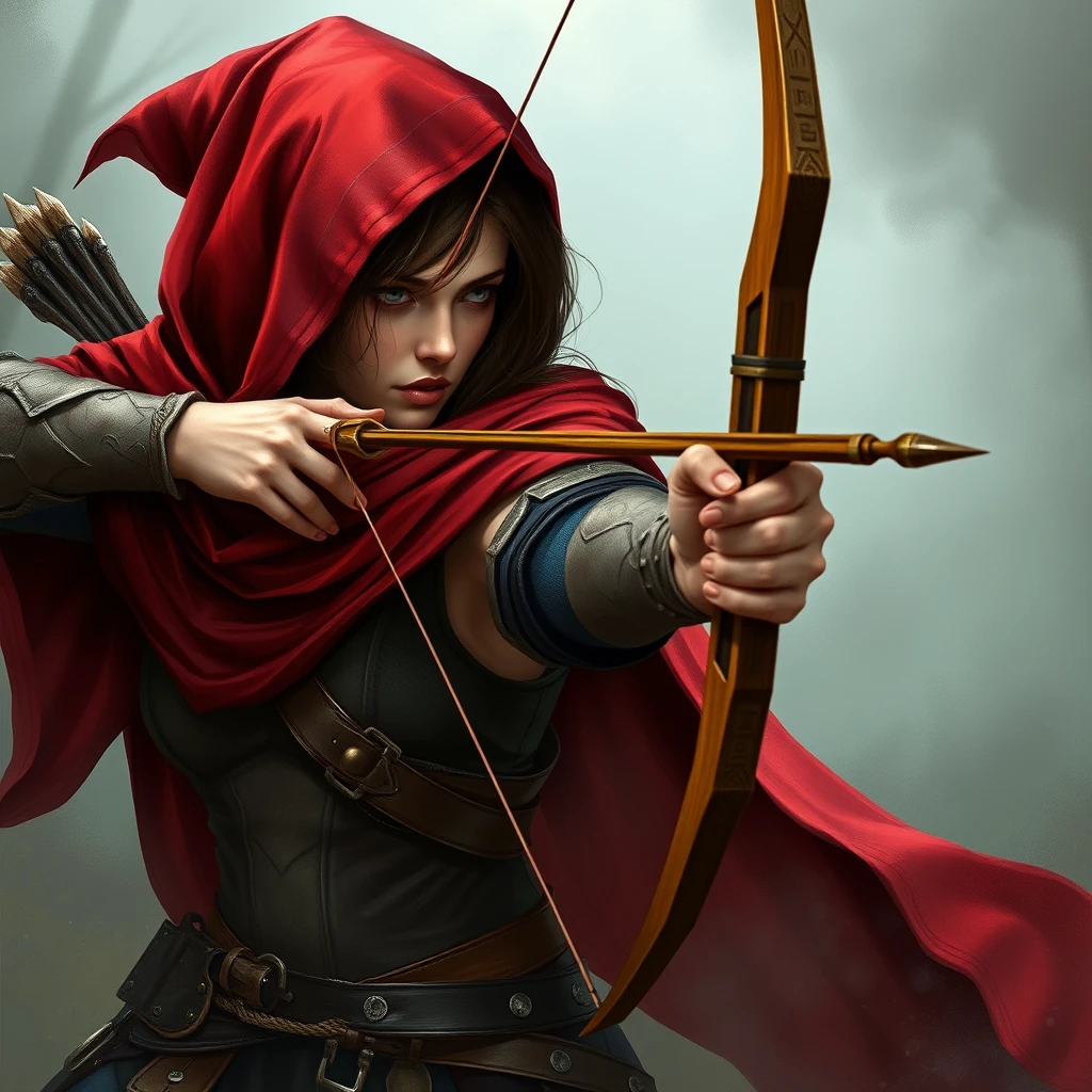 Photo-realistic: Fantasy heroine with a red cloak aiming with a longbow.