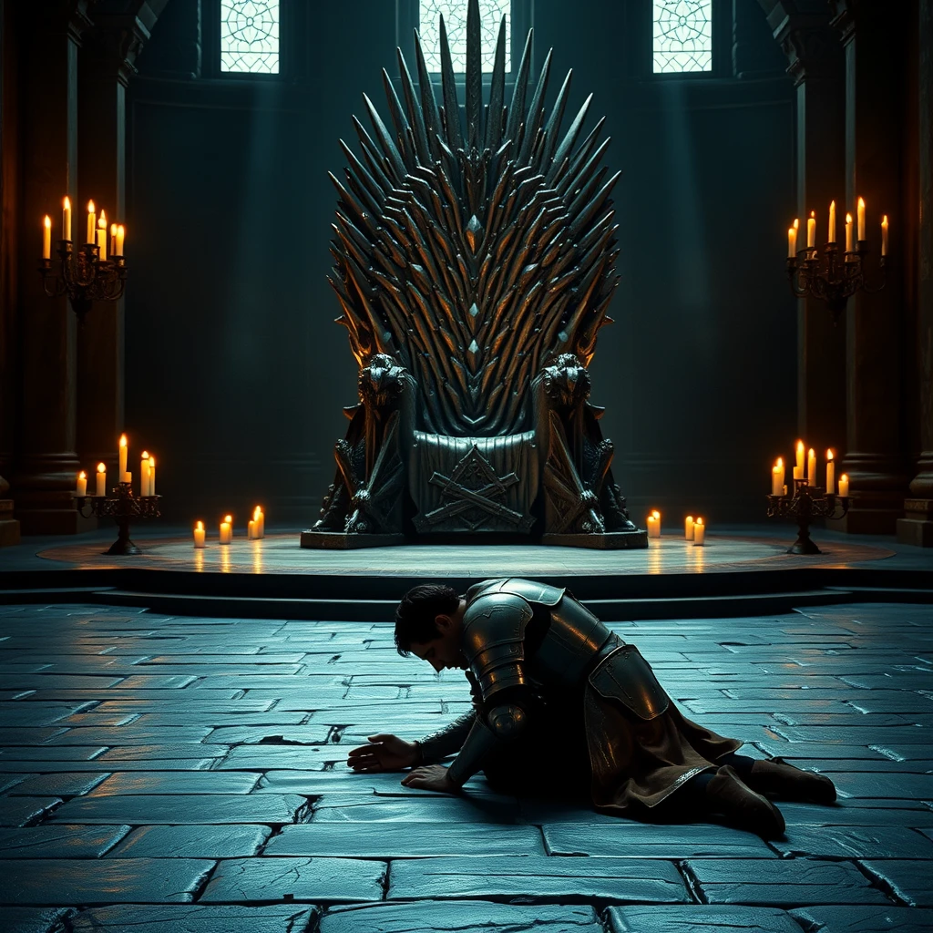 [Scene] This cinematic photograph, rich in detail and dramatic lighting, transports the viewer to a grand hall in medieval Europe. The cold, stone floor reflects the flickering candlelight that dances across the scene, casting long, dancing shadows. In the center of the composition stands a towering, iron throne, its sharp angles and unforgiving metal a symbol of power and authority.  
[Character] Before this imposing throne, a handsome, powerfully built king, clad in heavy plate armor, prostrates himself in fervent prayer. His head is bowed low, touching the cold stone floor, his armored body forming a stark silhouette against the dimly lit background. The weight of his armor and the vulnerability of his posture speak to the burden of leadership and the solemnity of his supplication. - Image