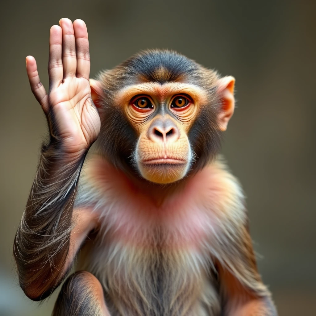 A monkey with a serious expression, making the most formal and standard salute with its hand at a 90-degree angle.