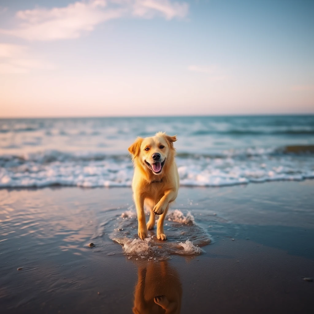 A yellow dog dancing by the sea. - Image