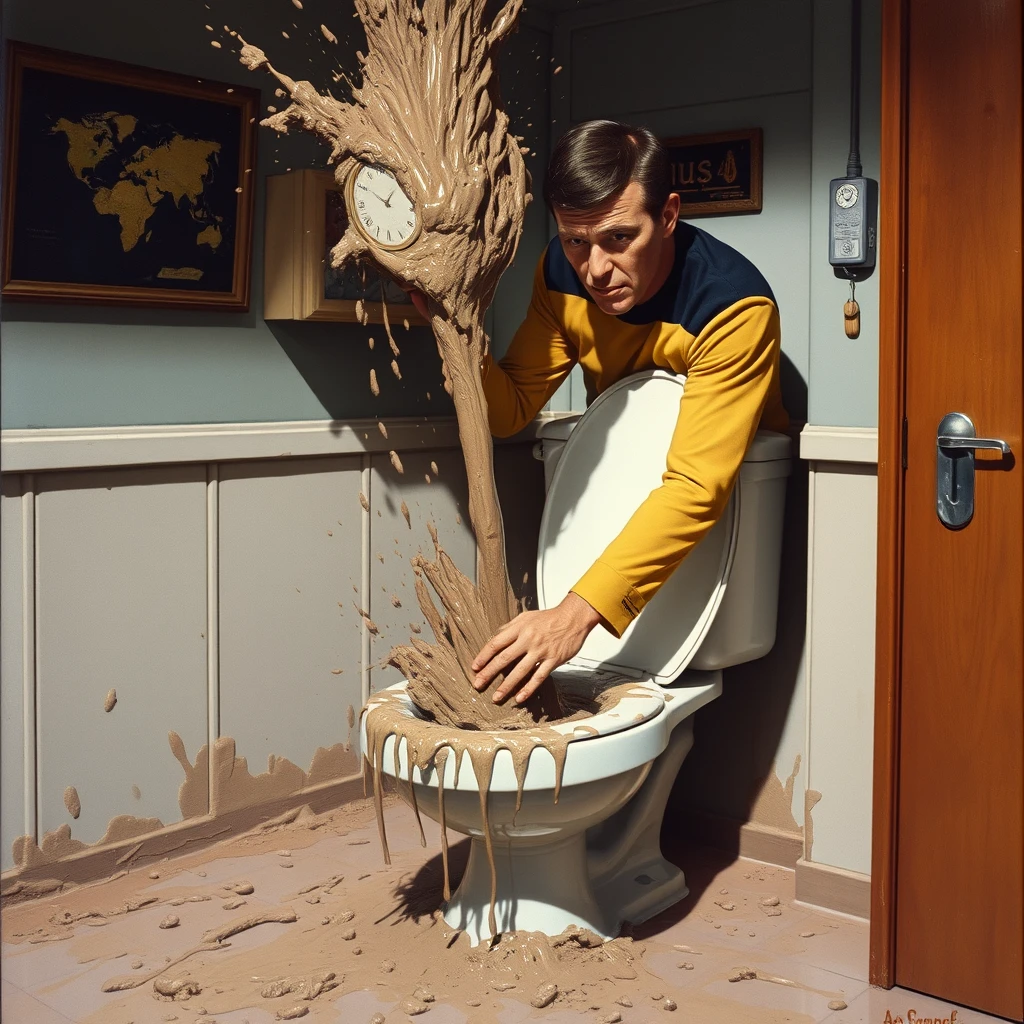 Mr. Scott plunges a toilet on the USS Enterprise, mud is splattered everywhere as painted by Arthur Sarnoff 1965.