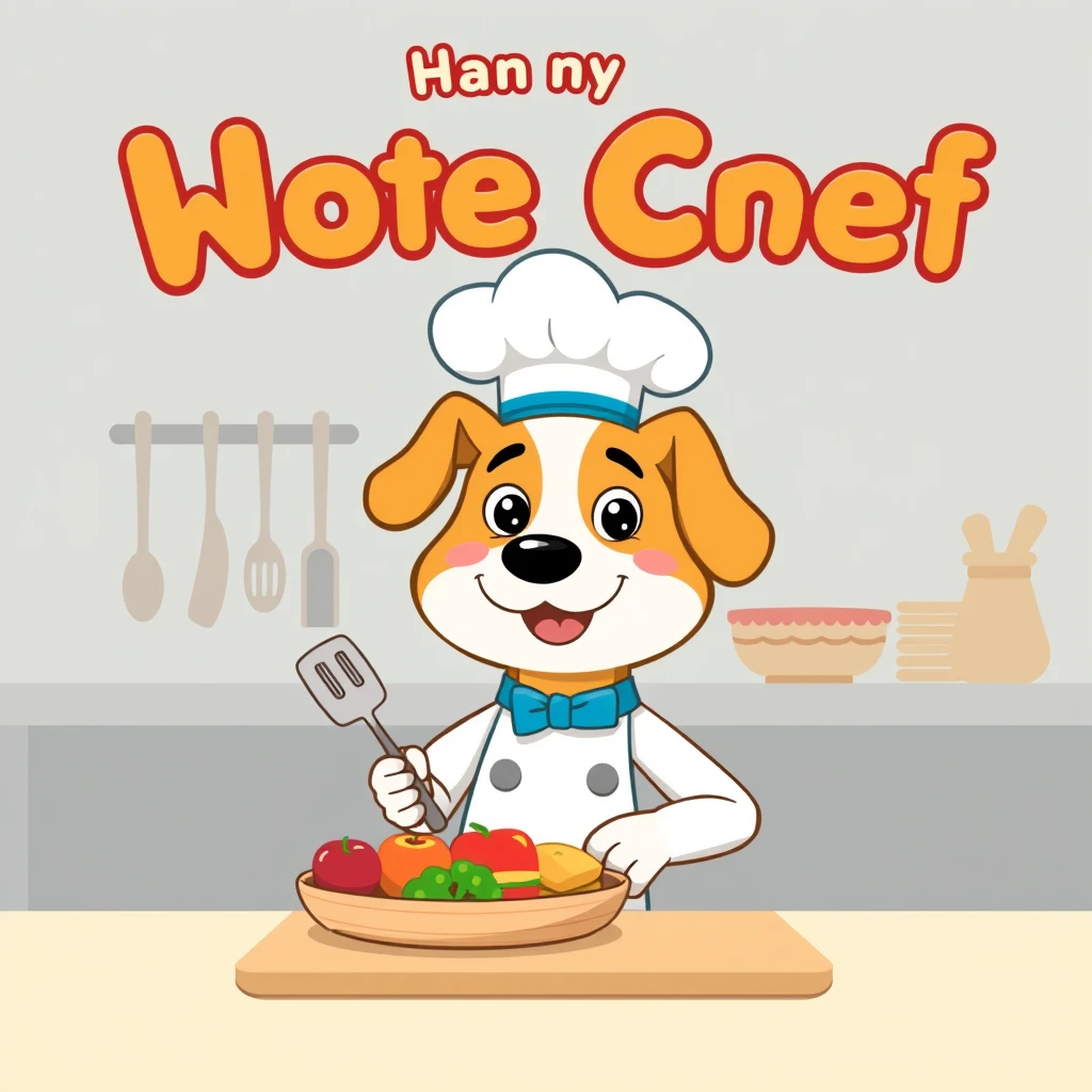 A title screen for a cartoony game about a cute dog chef who works in a kitchen.