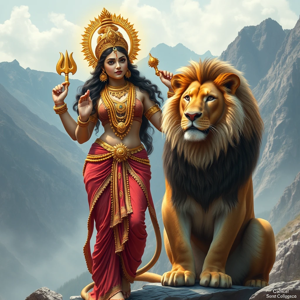 sexy looking youthful goddess Kamakshi with four arms, standing next to affectionate male lion in mountains - Image