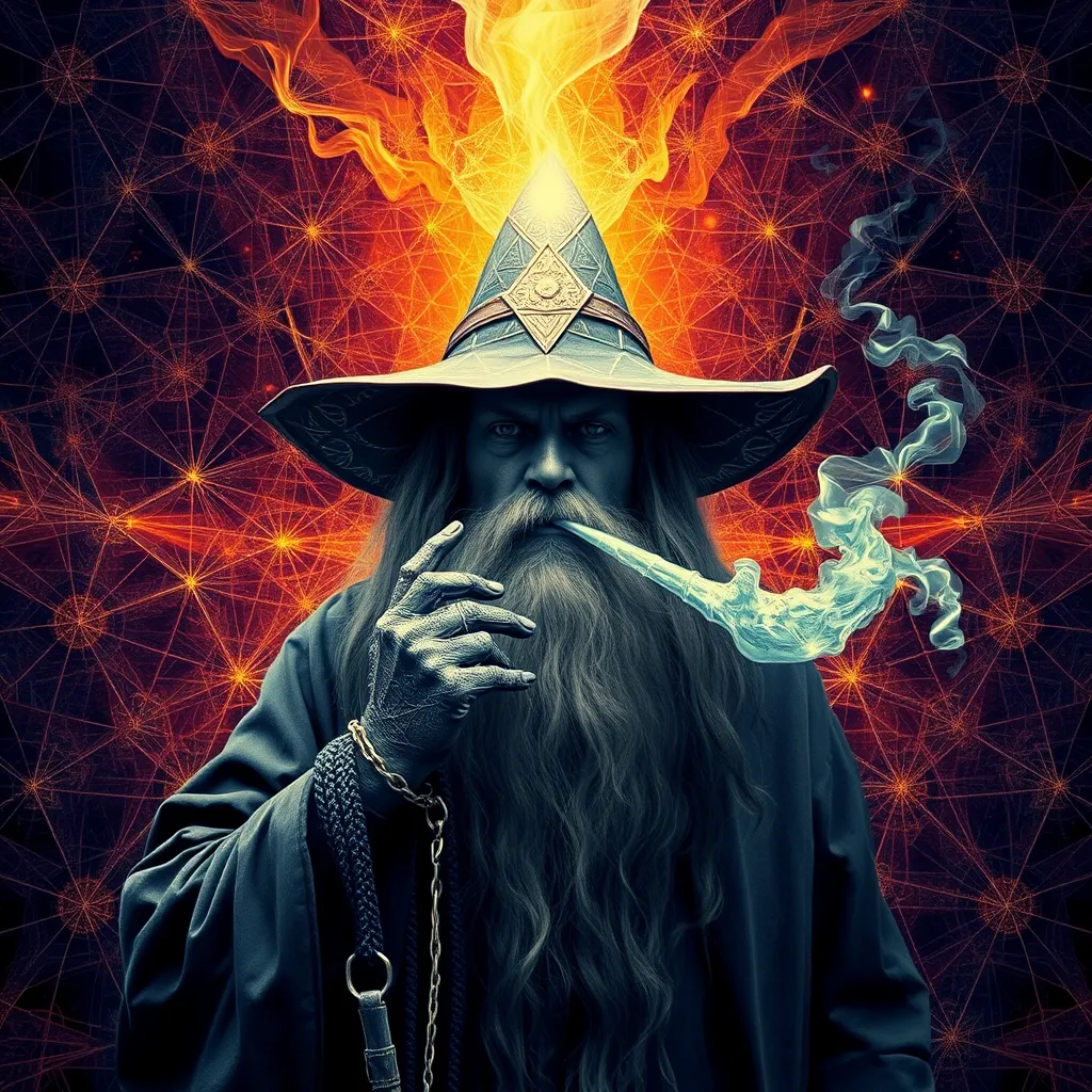 Dark wizard smoking DMT from a pipe and breaking through to another dimension full of geometric fractal patterns.