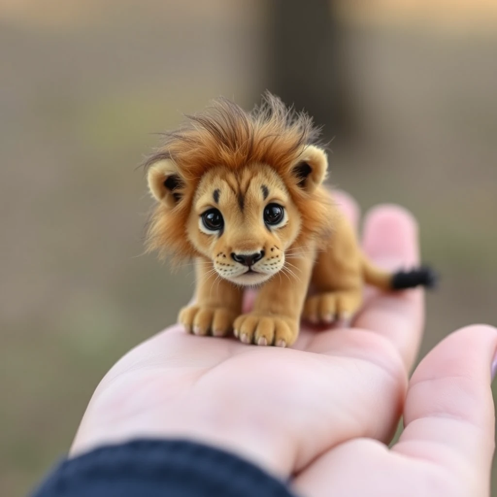 A very small tiny cute lion on four in a hand