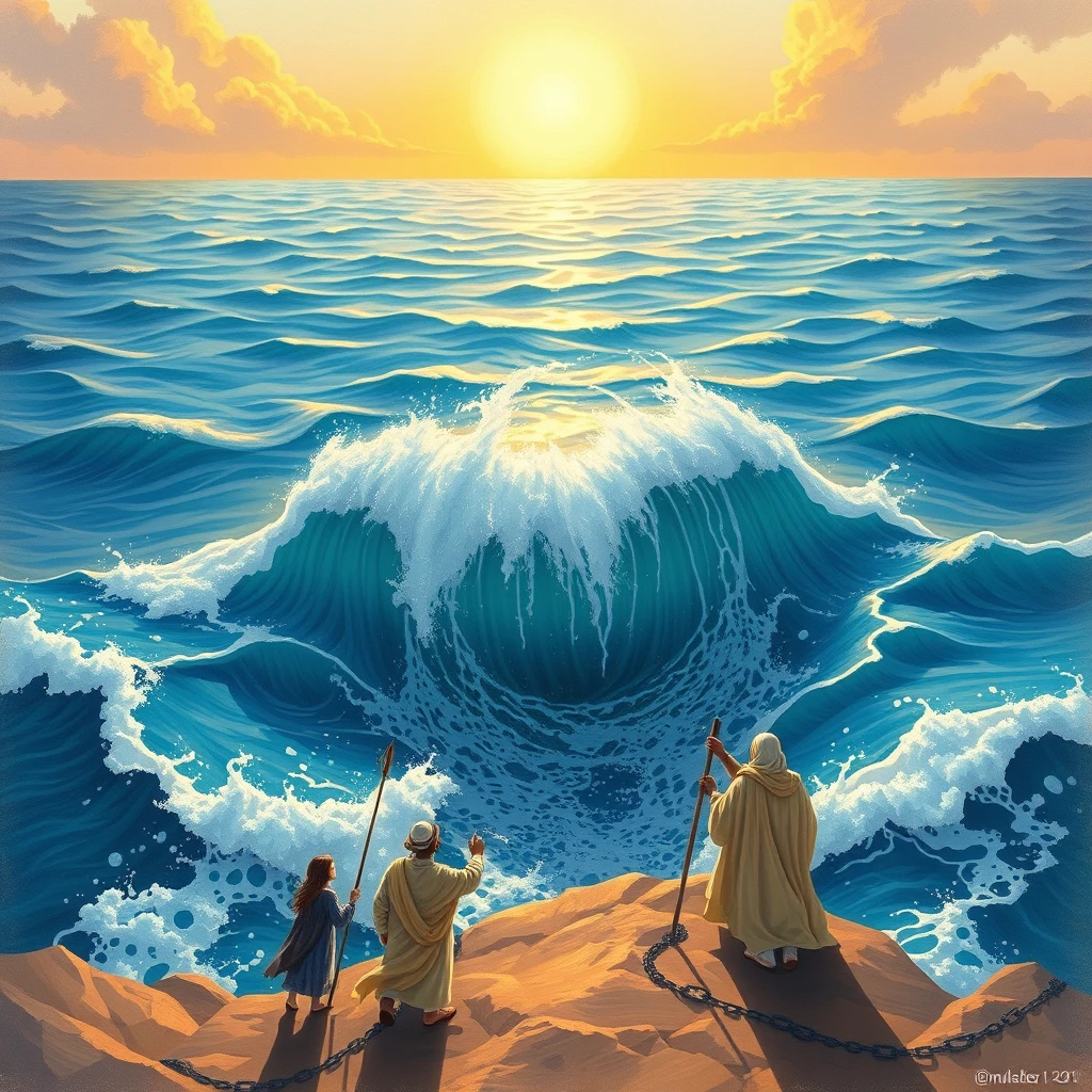 Prophet Musa (AS) splitting the sea, and he ordered all the Children of Israel to cross the sea, which was granted as a miracle by God.