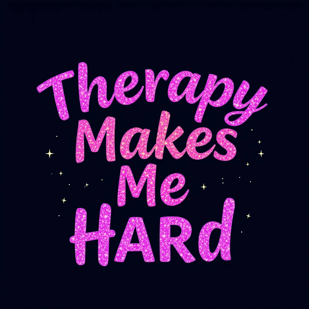 T-shirt design of fantastic vibrant glittery but ethereal text that says "Therapy Makes Me Hard"