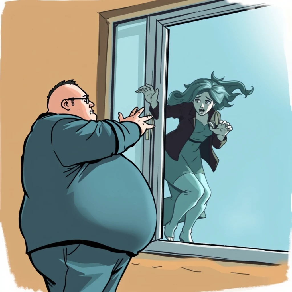 A fat man pushed a woman at the window, and the woman fell out of the window, scared.