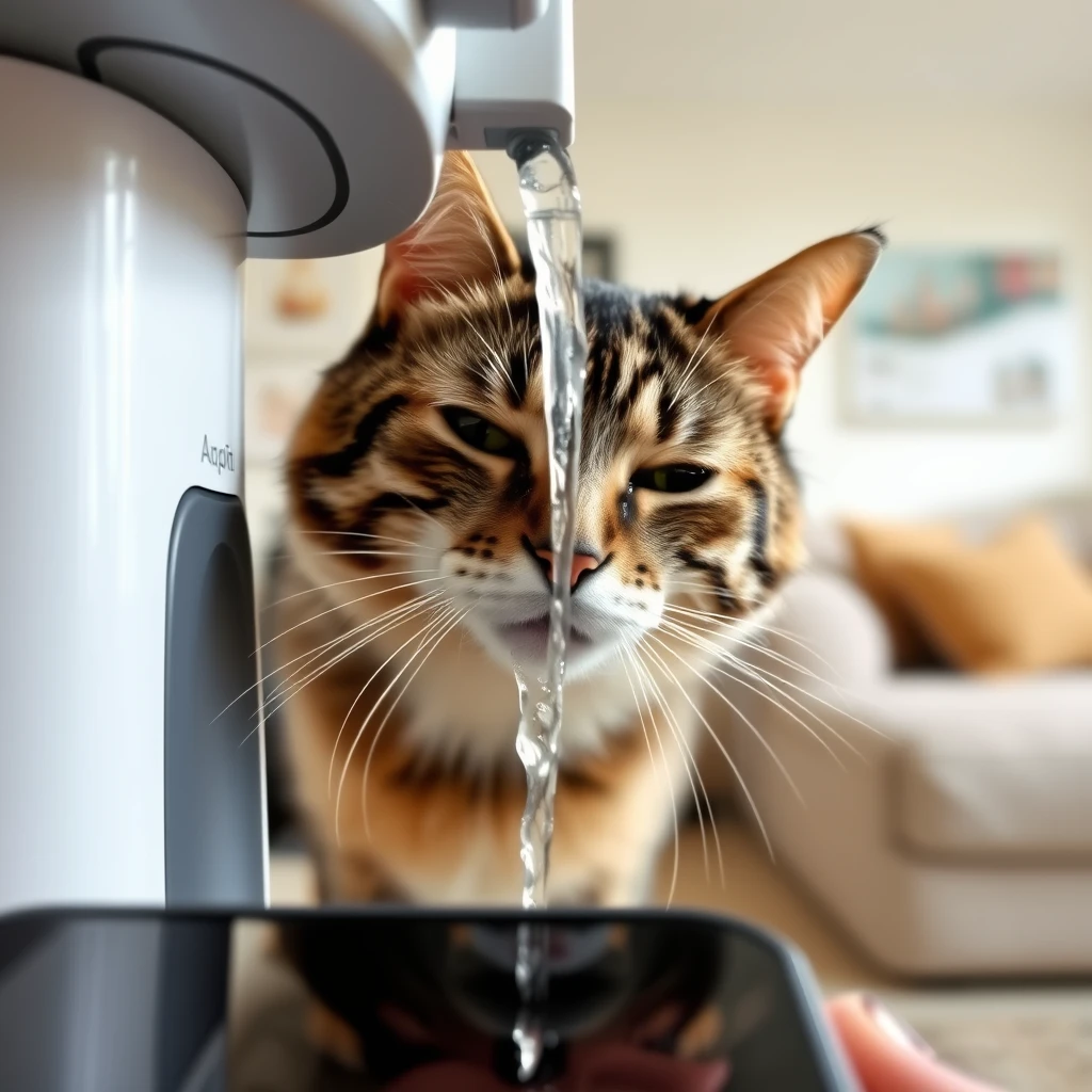 A cat drinking water, captured from the perspective of a mobile phone. The scene is indoors, with the cat's face close to the water stream. The water dispenser is modern and sleek, and the environment is well-lit with natural lighting. The cat is focused on drinking, and the image shows a clear, detailed view of its head and upper body. The background includes a hint of home decor, indicating a cozy living space.