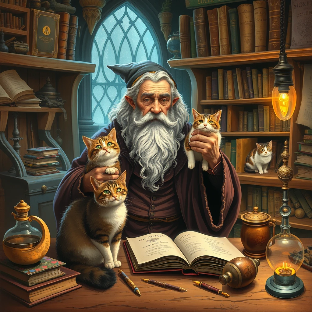 Old wizard with his cats in his laboratory, books, tools, magical artifacts, Gandalf, cat art, fantasy. - Image