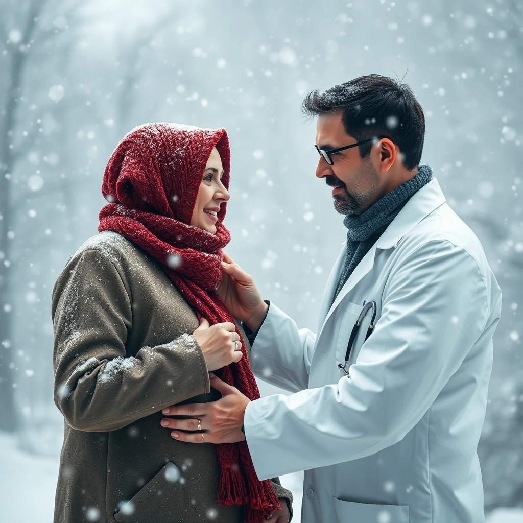 "The doctor is taking the patient's pulse amidst the falling snowflakes." - Image