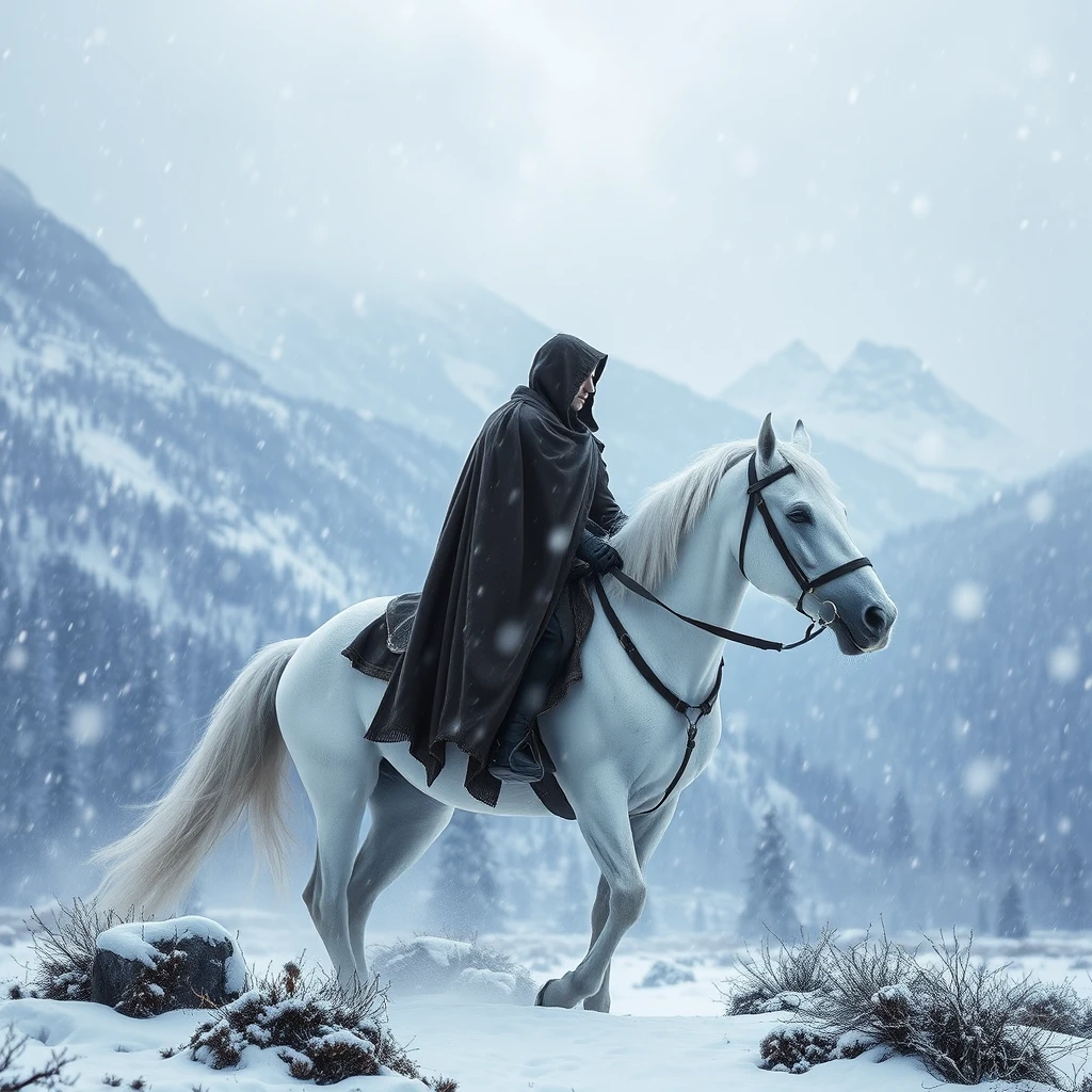 'Fantasy hero with cloak on white horse in snowstorm in the mountains'