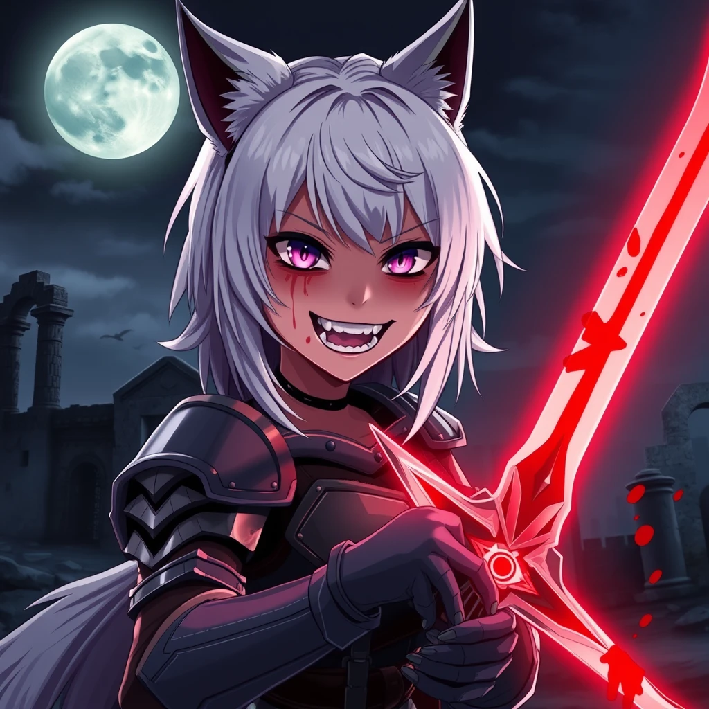 Anime girl with fangs, medium white hair, wolf ears, and a tail, sporting purple eyes and an evil grin, with blood on her face. She is holding a glowing light red sword in her right hand, which is covered in blood. The girl is wearing armor. In the background, there are old ruins, and it is dark and foggy. A full moon hangs in the sky. Dramatic, dynamic, cinematic.