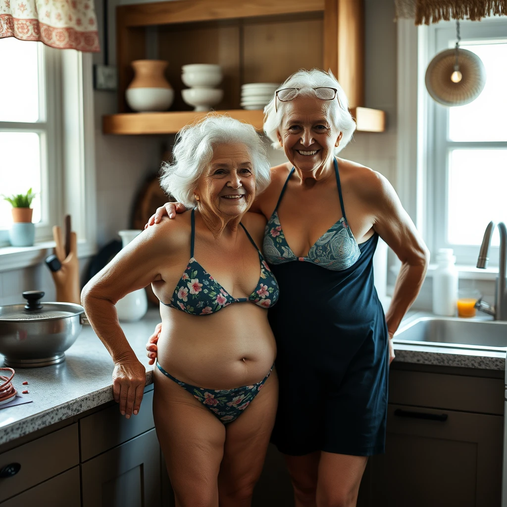 Grandma and 60-year-old daughter in bikini in kitchen - Image