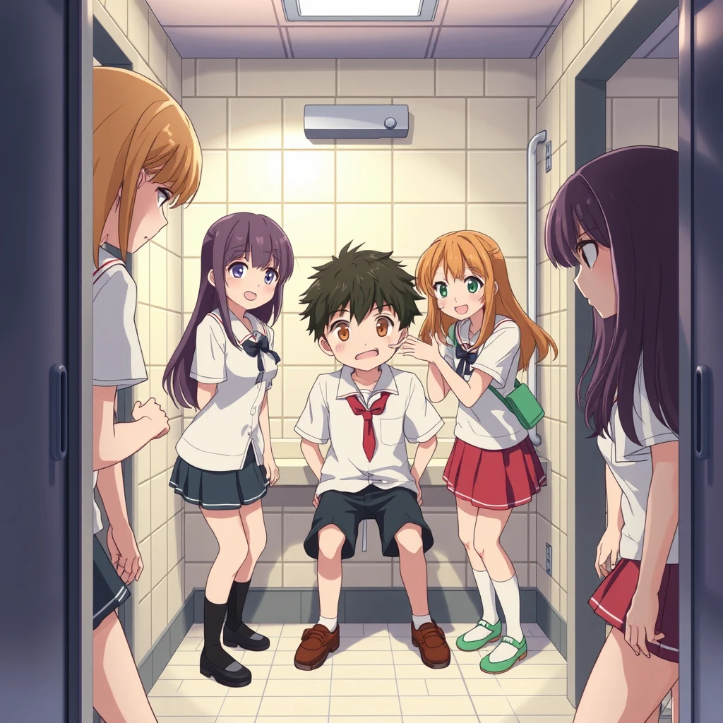 A group of beautiful girls bully a boy in the girls' bathroom at school, hitting him in the face, anime.