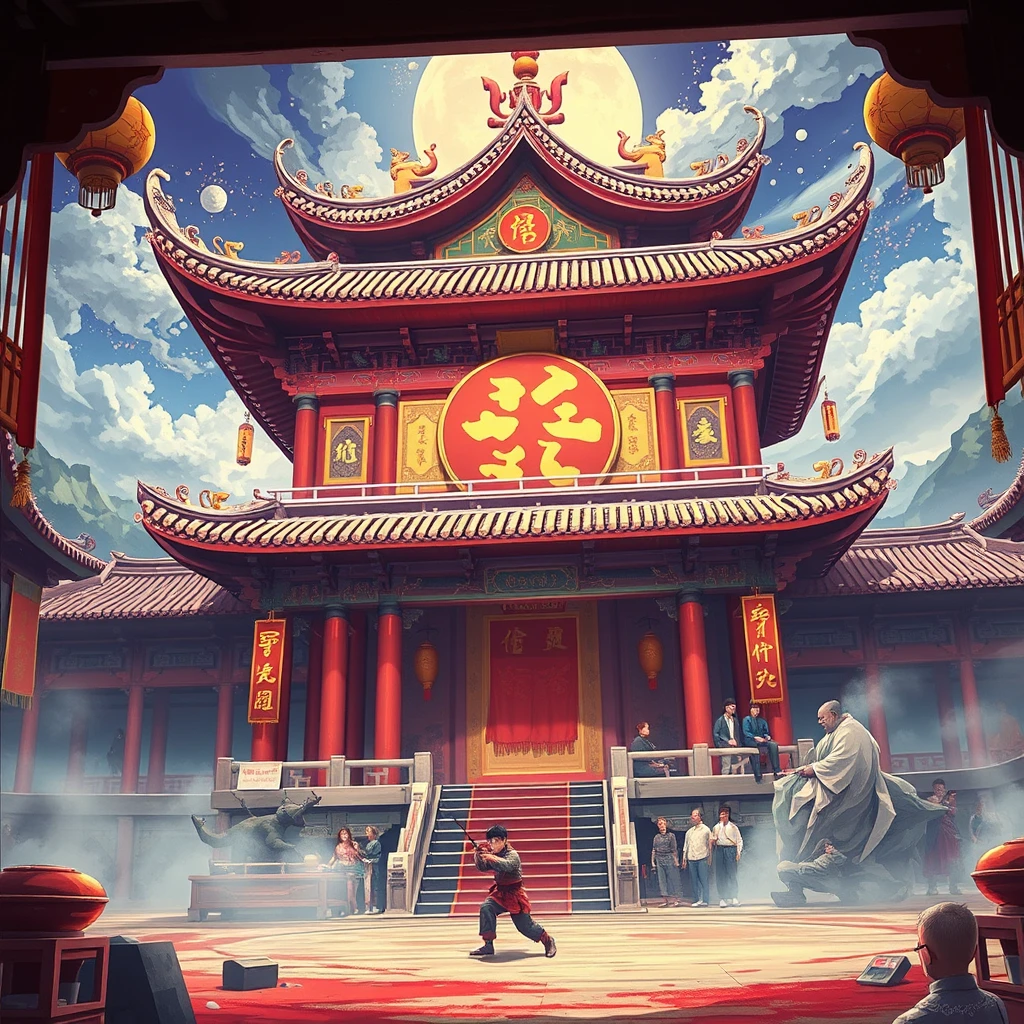 anime artwork, Chinese Taoist temple, martial-arts arena