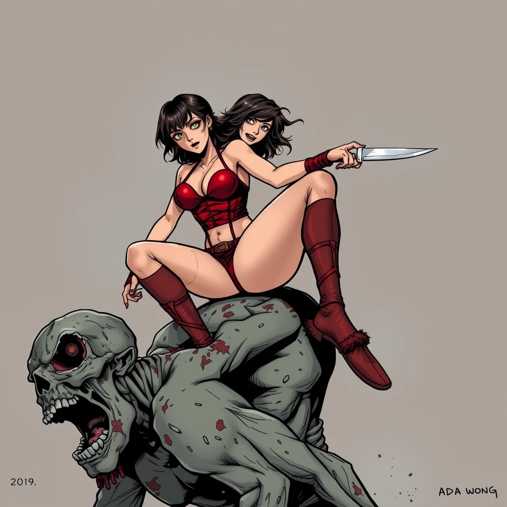 A girl in red sexy battle leather underwear rides on a zombie's shoulder with her legs open, holding a knife and ready to kill the zombie. Comic, Ada Wong. - Image