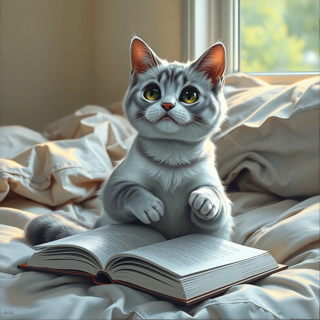 Painting Style: Professional oil painting, highly detailed and realistic with visible brushstrokes.  
Subject: A silver-colored cat in a Japanese anime style. The cat should have large, expressive eyes and a cute, stylized appearance. It is sitting upright on a bed with its paws resting on an open book. The cat appears engrossed in reading.  
Lighting: Soft, natural light coming from a window to the side, casting gentle shadows and highlighting the texture of the cat's fur and the book's pages.  
Background: A cozy and slightly rumpled bed with a visible headboard and bedding. The colors of the bed linens should be muted and complementary to the silver fur of the cat.  
Details: Pay attention to the details of the cat's fur, the texture of the book, and the folds in the bedding. Capture the reflective quality of the light on the silver fur.