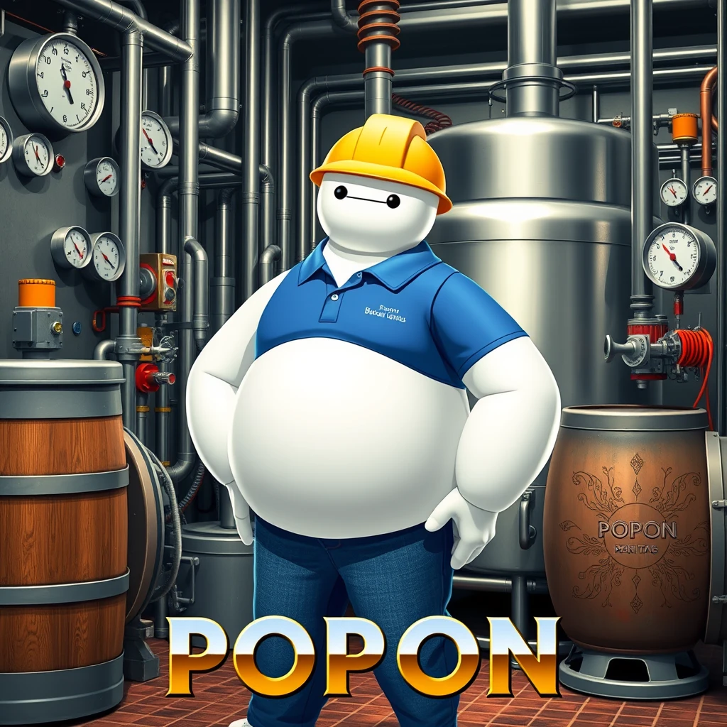 Baymax in a beer bottling plant surrounded by machinery, a barrel, gauges, dressed in a blue polo shirt, the logo of the international company Bureau Veritas, blue jeans, and wearing a yellow helmet with the word POPON written on it, and below in the photo the caption in beautiful letters. - Image