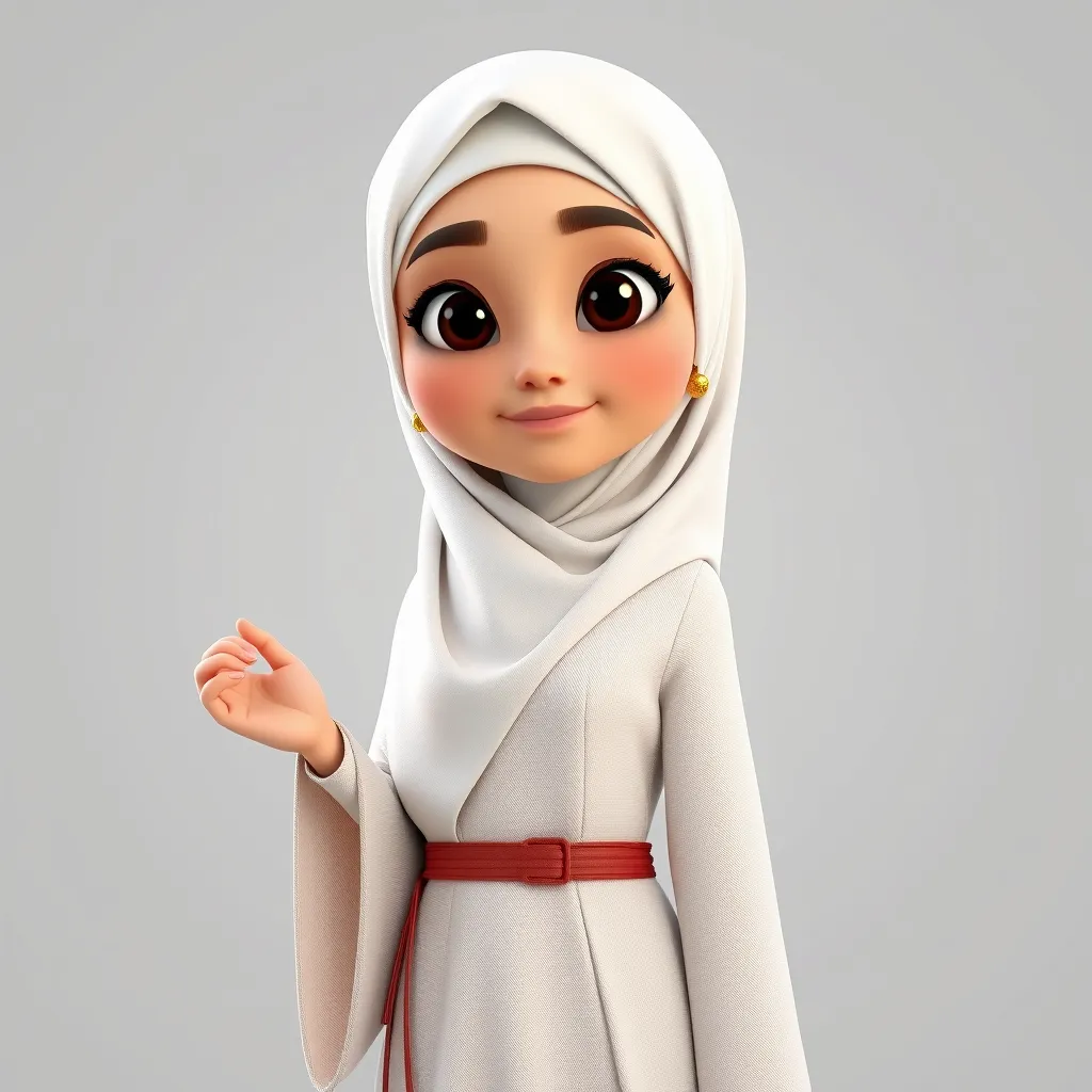 "Create a 3D animated cartoon of a Muslim woman from Palembang wearing a long white gamis. The character should be highly detailed with 8K resolution. Focus on traditional Palembang features and cultural elements." - Image