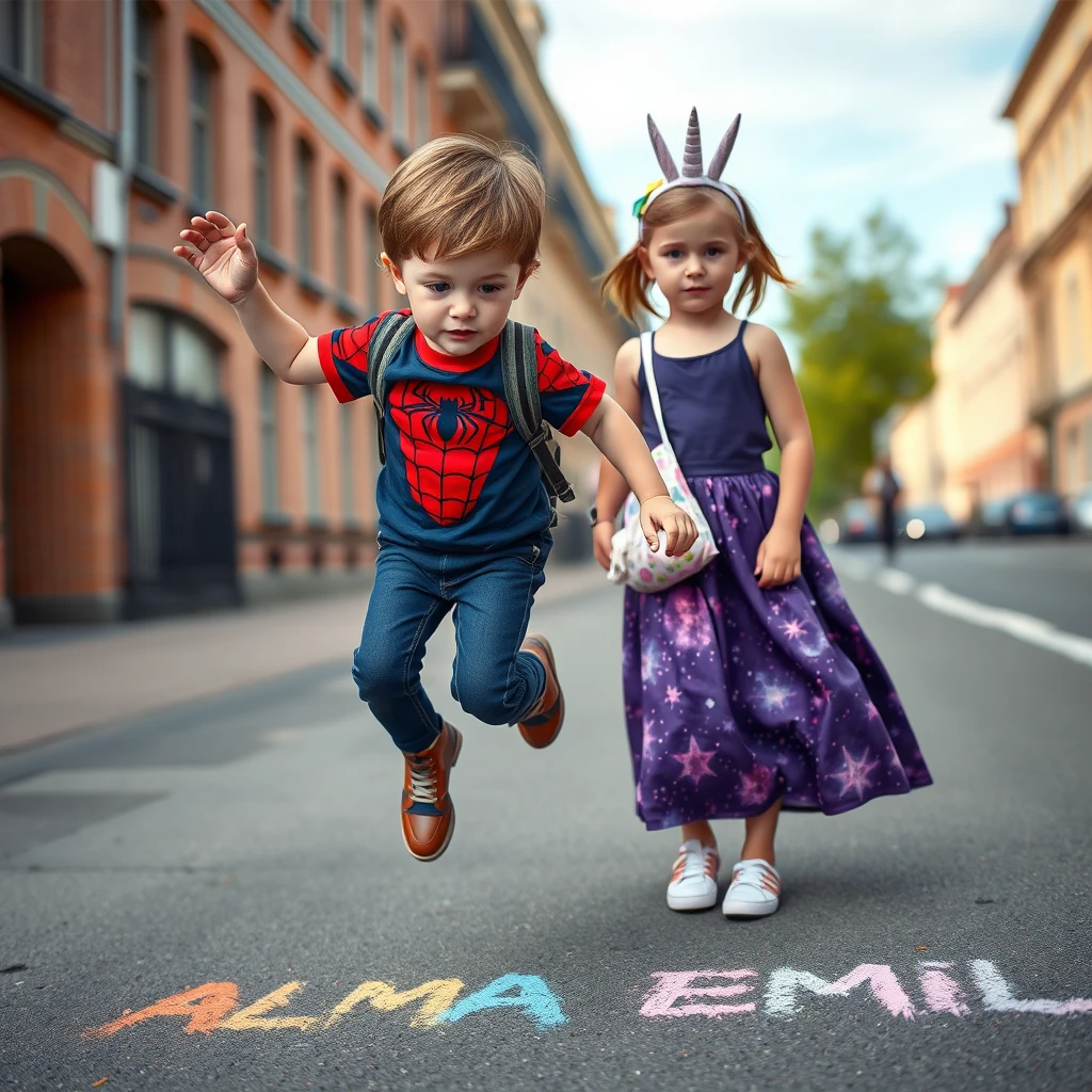 Four-year-old boy with a Spiderman t-shirt. Light brown hair, hazel eyes. Doing parkour tricks. Four-year-old girl with light brown hair. The girl is wearing a long, sleeveless purple galaxy-themed skirt. She has hazel-colored eyes and looks Finnish. He has a small unicorn bag. She has a unicorn cap. She is painting a rainbow-colored readable text on the street with chalks that says "ALMA EMIL". Photorealistic, high quality. - Image