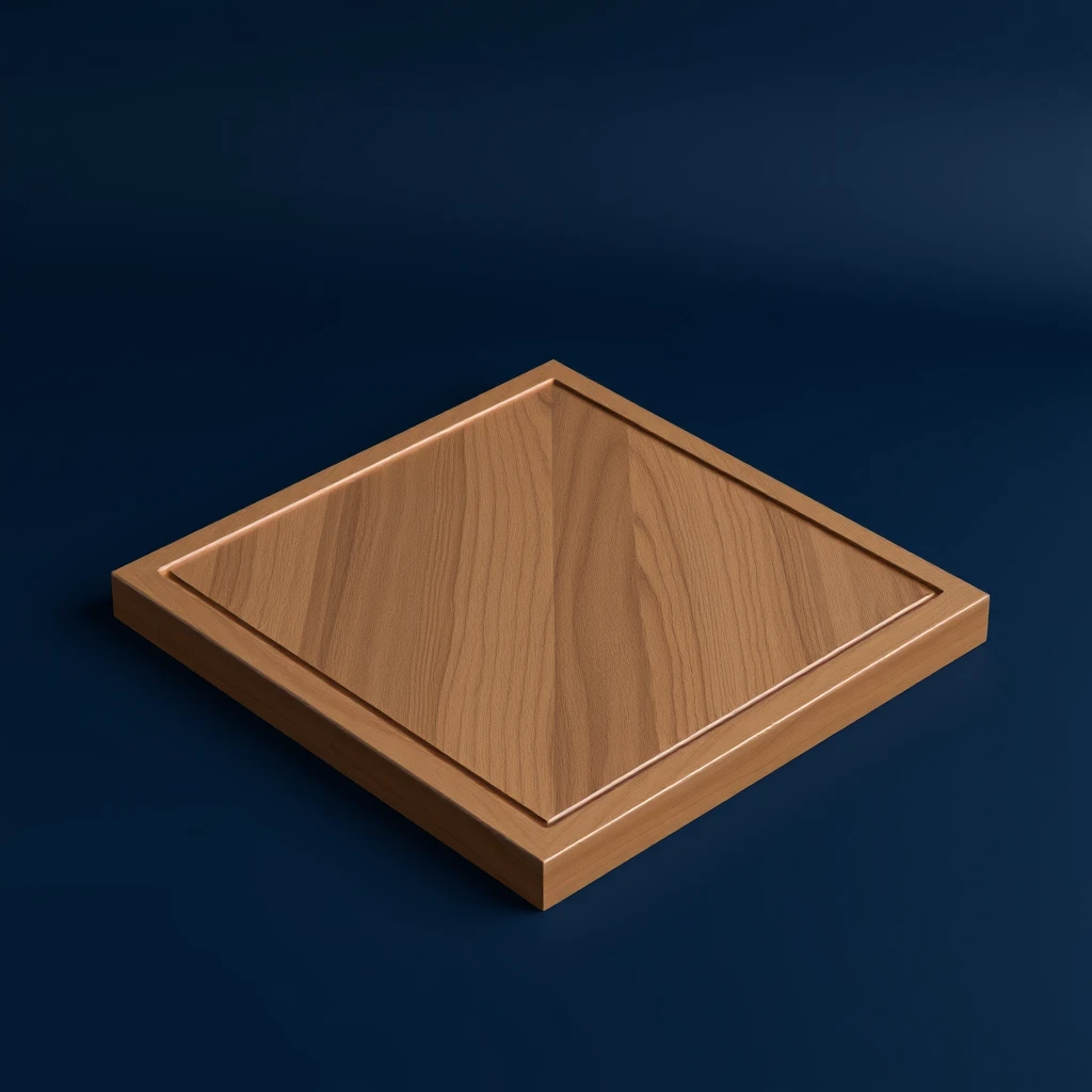 The image presents a 3D rendering of a board. The game board, made of wood, is the central focus of the image. It is a square board with a wooden top and a wooden bottom. The board is set against a dark blue radial gradient background. The image does not contain any text or additional objects, and the relative positions of the board remain constant. The board color is dark elegant brown.