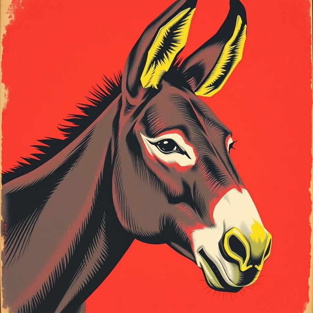 Soviet propaganda poster depicting a donkey. The dominating color is red, with details in yellow and shades of gray. - Image